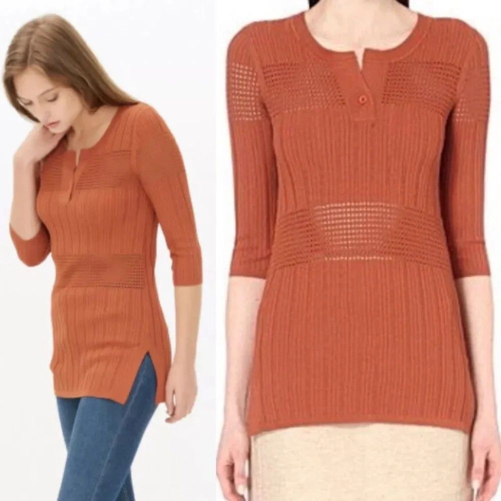 SANDRO PARIS Ribbed Knit Tunic Top sz 3 L Rust Terracotta Henley V-neck 3/4 Slee